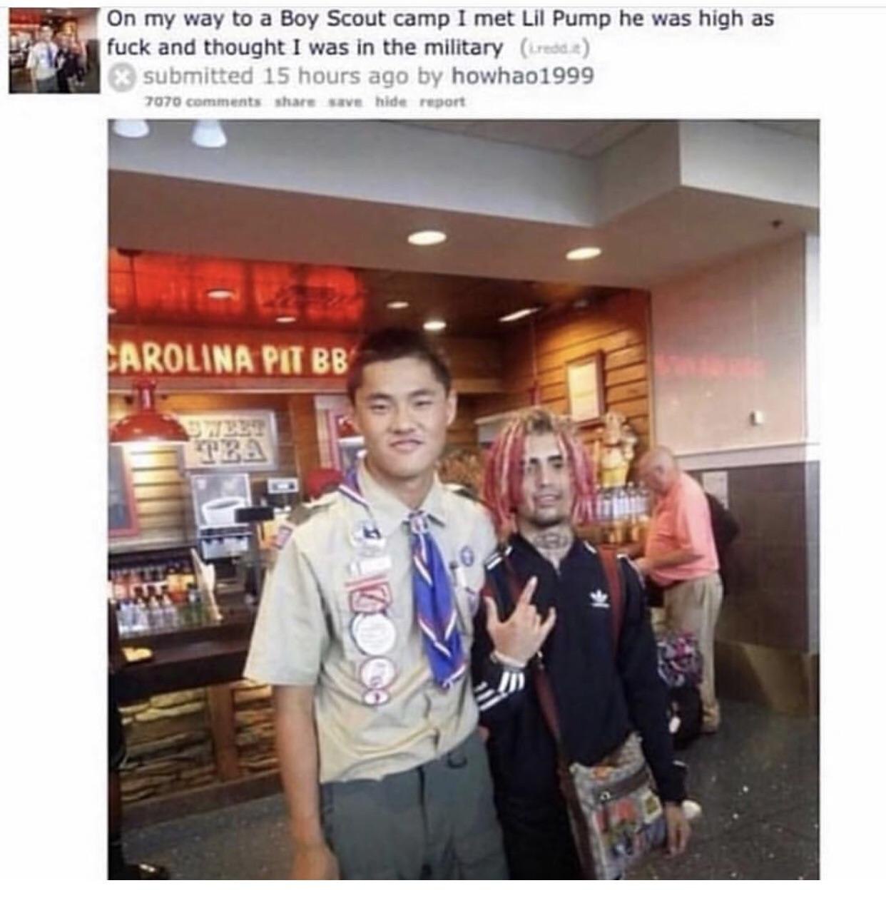 my way to а Boy Scout camp I met Lil Pump he was high as fuck and thought I was in the military bmitted 151 ago howhao1999 AROLINA 4 aft 4 4