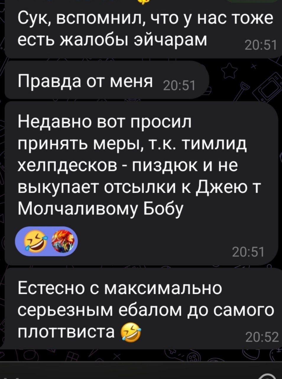 Сук, вспомнил, что у нас тоже есть жалобы эйчарам Правда от меня Недавно вот просил принять меры, тимлид хелпдесков пиздюк и не выкупает отсылки к Джею Молчаливому Бобу у Естесно с максимально серьезн