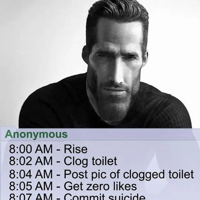 Anonymous 8:00 Rise 8:02 Clog toilet 8:04 Post pic of clogged toilet 8:05 Get zero likes AMA Crammit