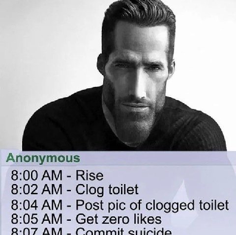 Anonymous 8:00 Rise 8:02 Clog toilet 8:04 Post pic of clogged toilet 8:05 Get zero likes AMA Crammit