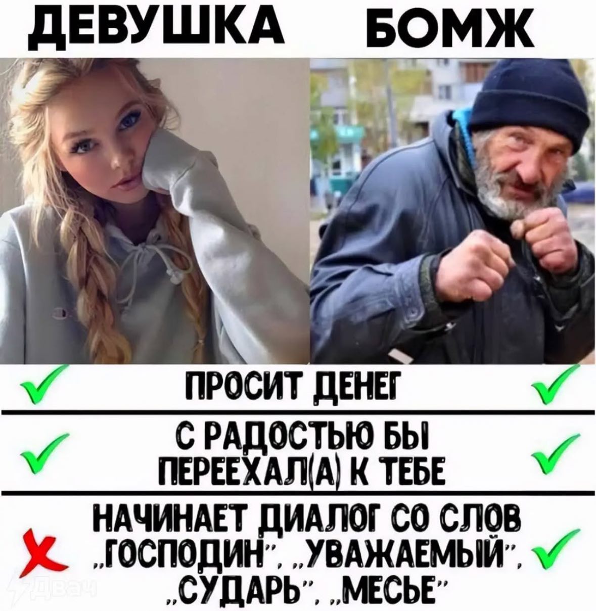 ДЕВУШКА БОМЖ a "A ПРОСИТ ДЕНЕГ С РАДОСТЬЮ БЫ НАЧИНАЕТ ДИАЛОГ С0 СЛОВ господин“. ‚СУДАРЬ”, „МЕСЬЕ”