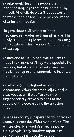 Yasuke would teach his people the Japanese language that he invented all himself. After all, He wasn't just powerful, he was ascholar, too. There was no limit to what he could achieve. He gave them ci