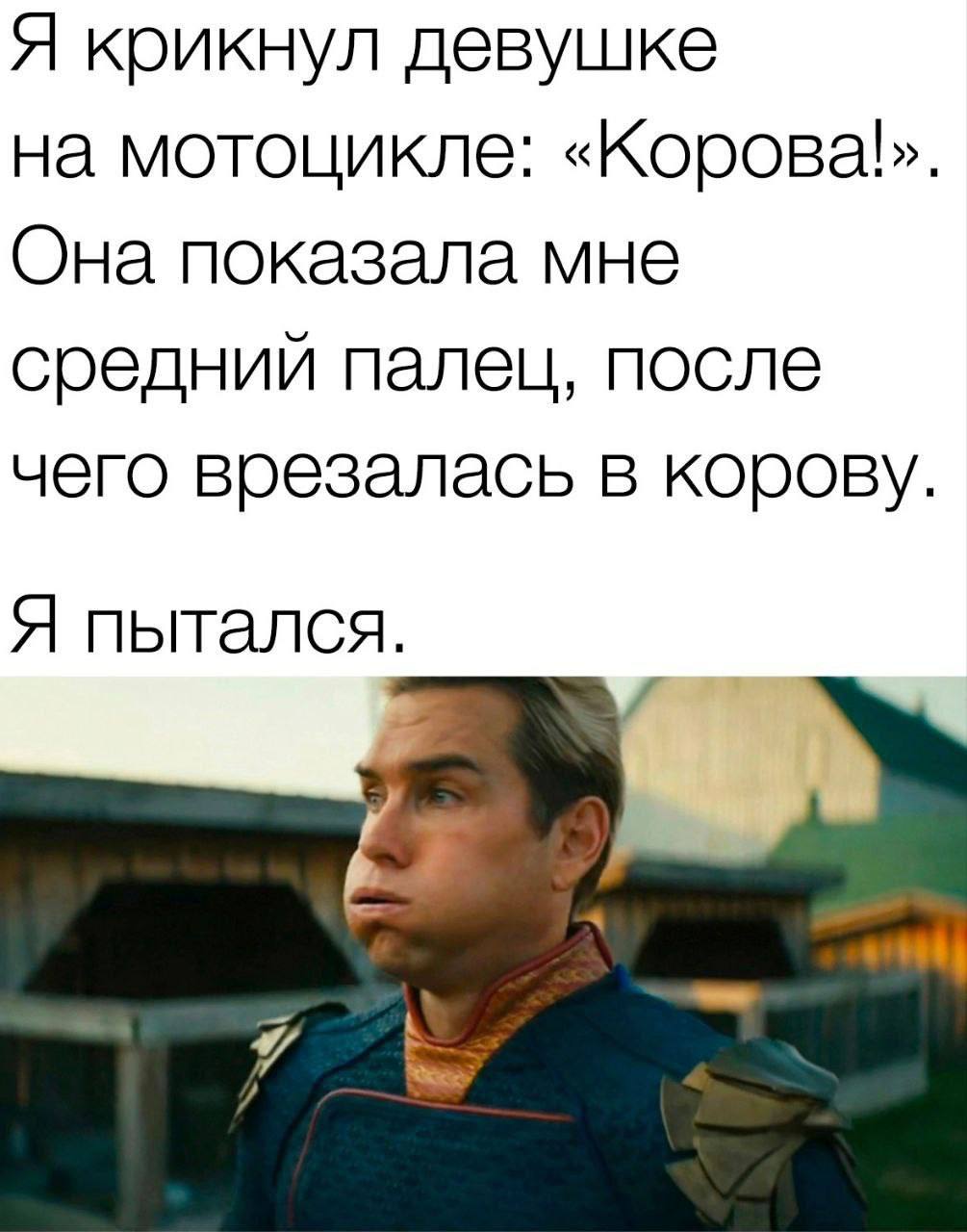 Я крикнул девушке на мотоцикле: «Корова!. Она показала мне средний палец, после чего врезалась в корову. Я пытался.