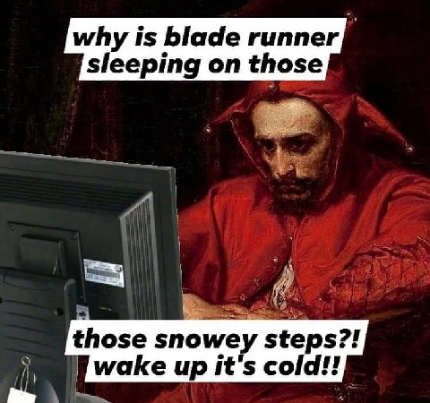 why is blade runner sleeping on those those snowey steps?! wake up it's cold!!