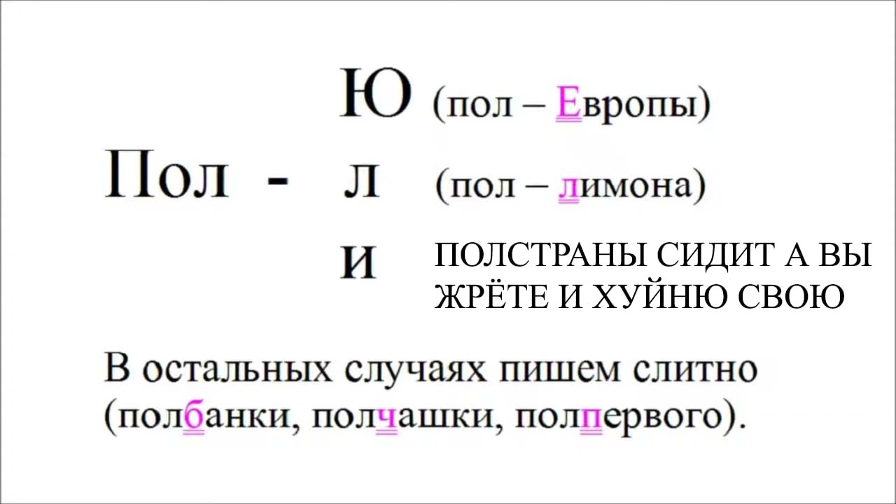 tO (пол Европы) Пол (пол лимона) И HOJICTPAHBI СИДИТ А ВЫ ЖРЁТЕ И ХУЙНЮ СВОЮ В остальных случаях пишем слитно (полбанки, полчашки, полпервого)