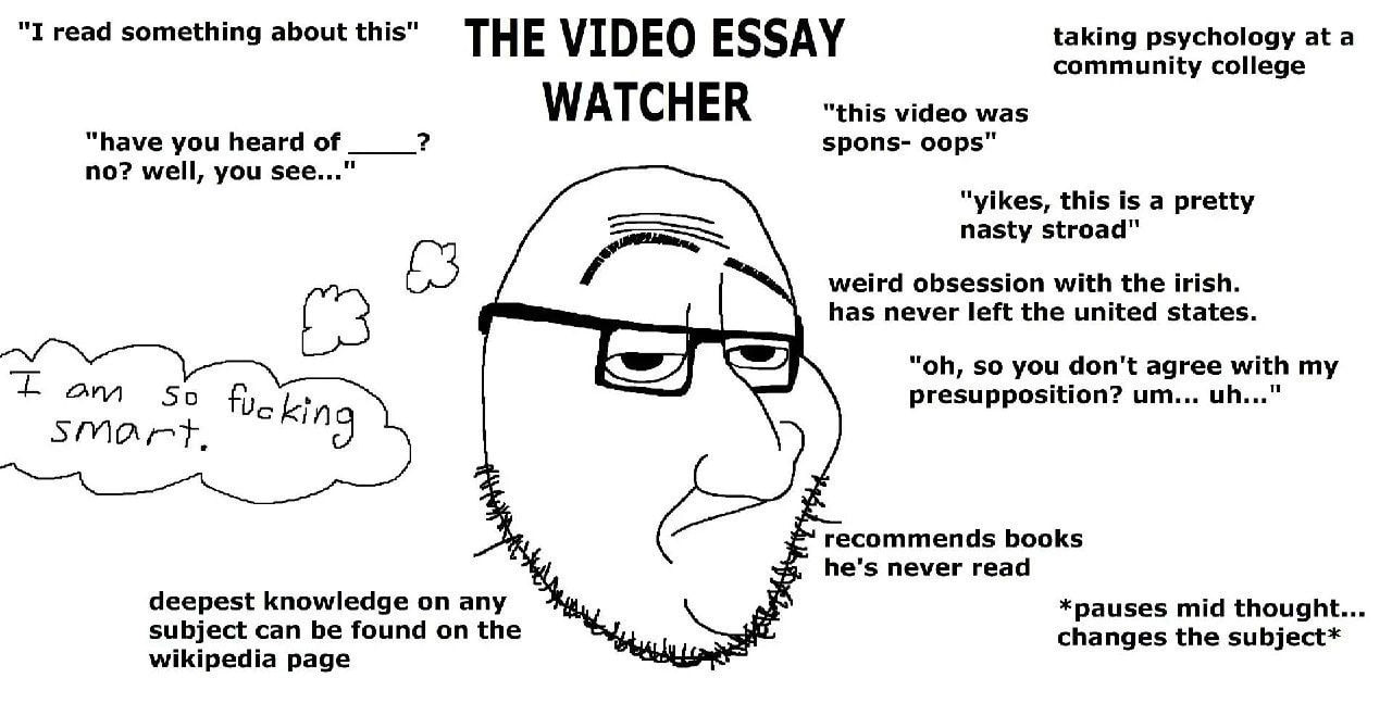"I read something about this" THE VIDEO ESSAY taking psychology at a community college WATCHER “this video was “have you heard of spons- oops" no? well, you see..." “yikes, this is a pretty nasty stro