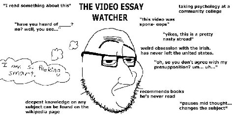 "I read something about this" THE VIDEO ESSAY taking psychology at a community college WATCHER “this video was “have you heard of spons- oops" no? well, you see..." “yikes, this is a pretty nasty stro