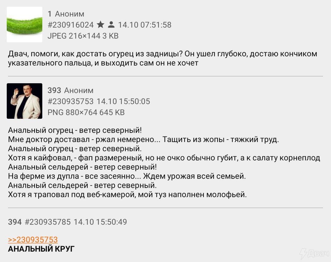 1 Аноним #230916024 14.10 07:51:58 JPEG 3 Двач, помоги, как достать огурец из задницы? Он ушел глубоко, достаю кончиком указательного пальца, и выходить сам он не хочет 393 Аноним #230935753 14.10 15: