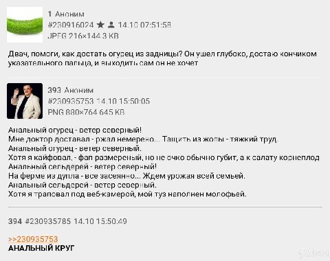 1 Аноним #230916024 14.10 07:51:58 JPEG 3 Двач, помоги, как достать огурец из задницы? Он ушел глубоко, достаю кончиком указательного пальца, и выходить сам он не хочет 393 Аноним #230935753 14.10 15: