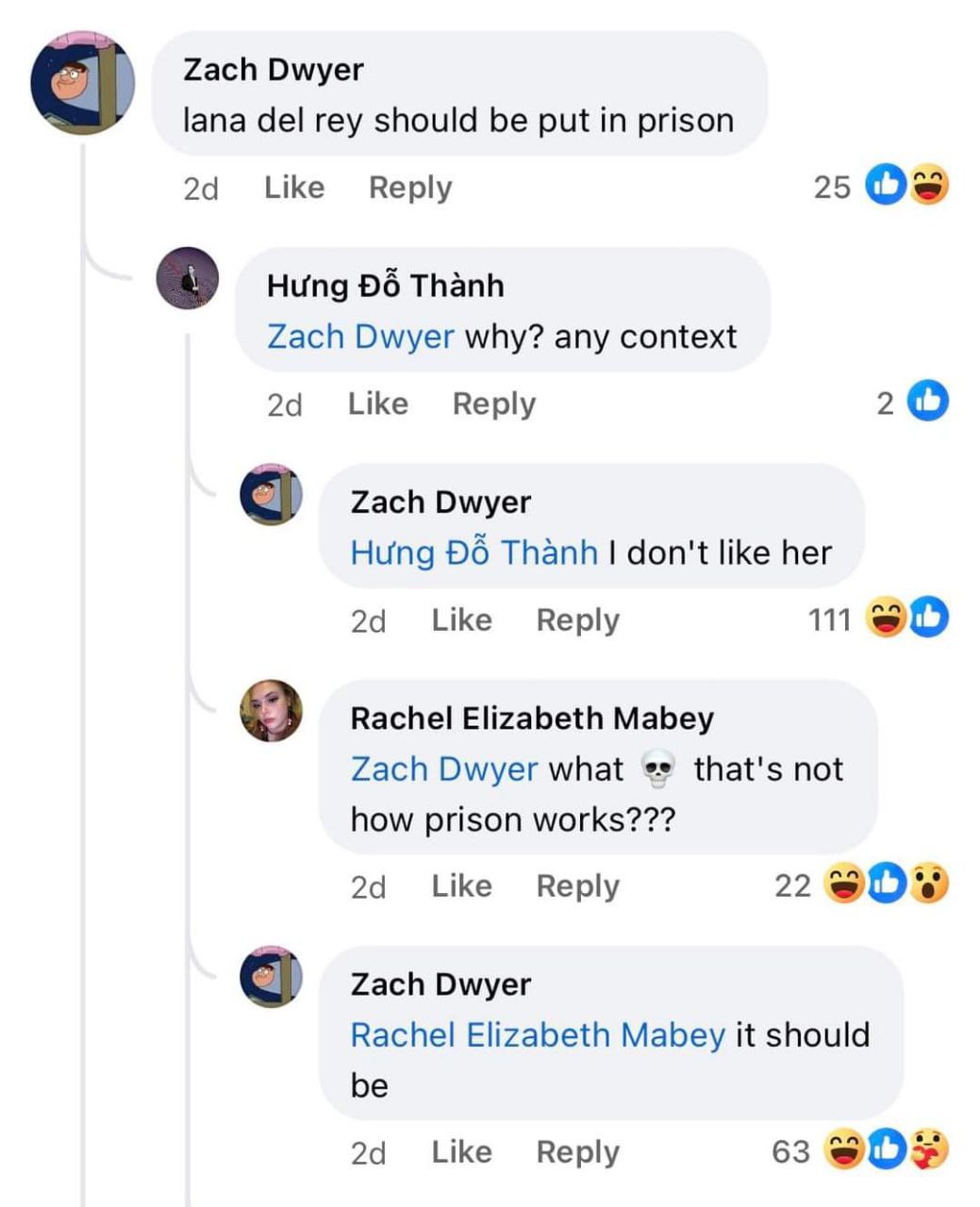Zach Dwyer lana del rey should be put prison Like Reply 25 Thanh Zach Dwyer why? any context Like Reply 20 Zach Dwyer Hung Thanh don't like her Like Reply Rachel Elizabeth Mabey Zach Dwyer what that's
