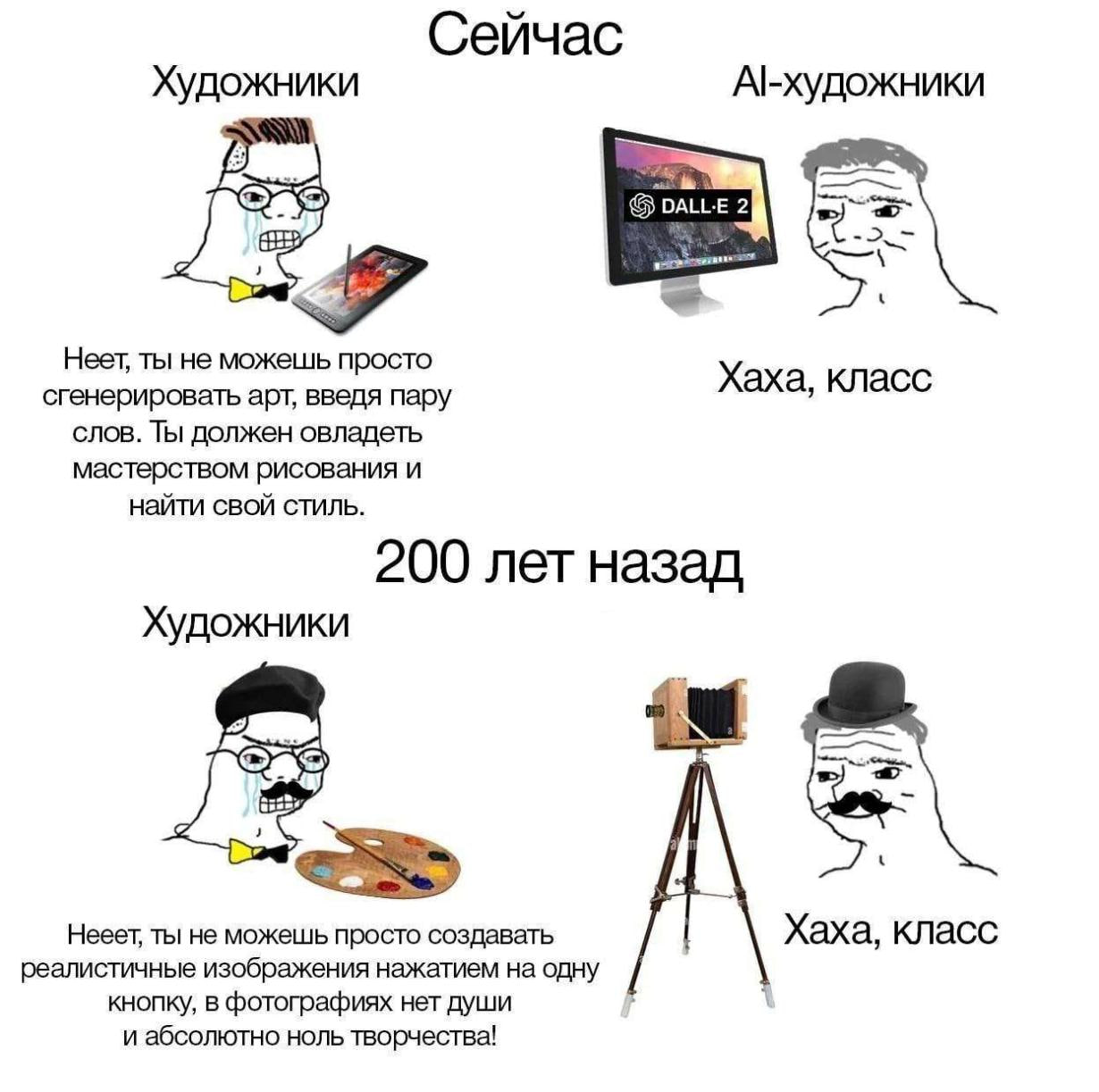 Сейчас Художники DALLE 2 Неет, ты не можешь просто сгенерировать арт, введя пару Хаха, класс слов. Ты должен овладеть мастерством рисования и найти свой стиль. 200 лет назад Художники Heeer, ты не мож