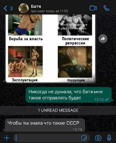 Батя Вы раскулачиванию Борьба за власть Политические репрессии Эксплуатация 1:53 Никогда не думала, что батя мне такое отправлять будет 1 UNREAD MESSAGE Чтобы ты знала что такое CCCP