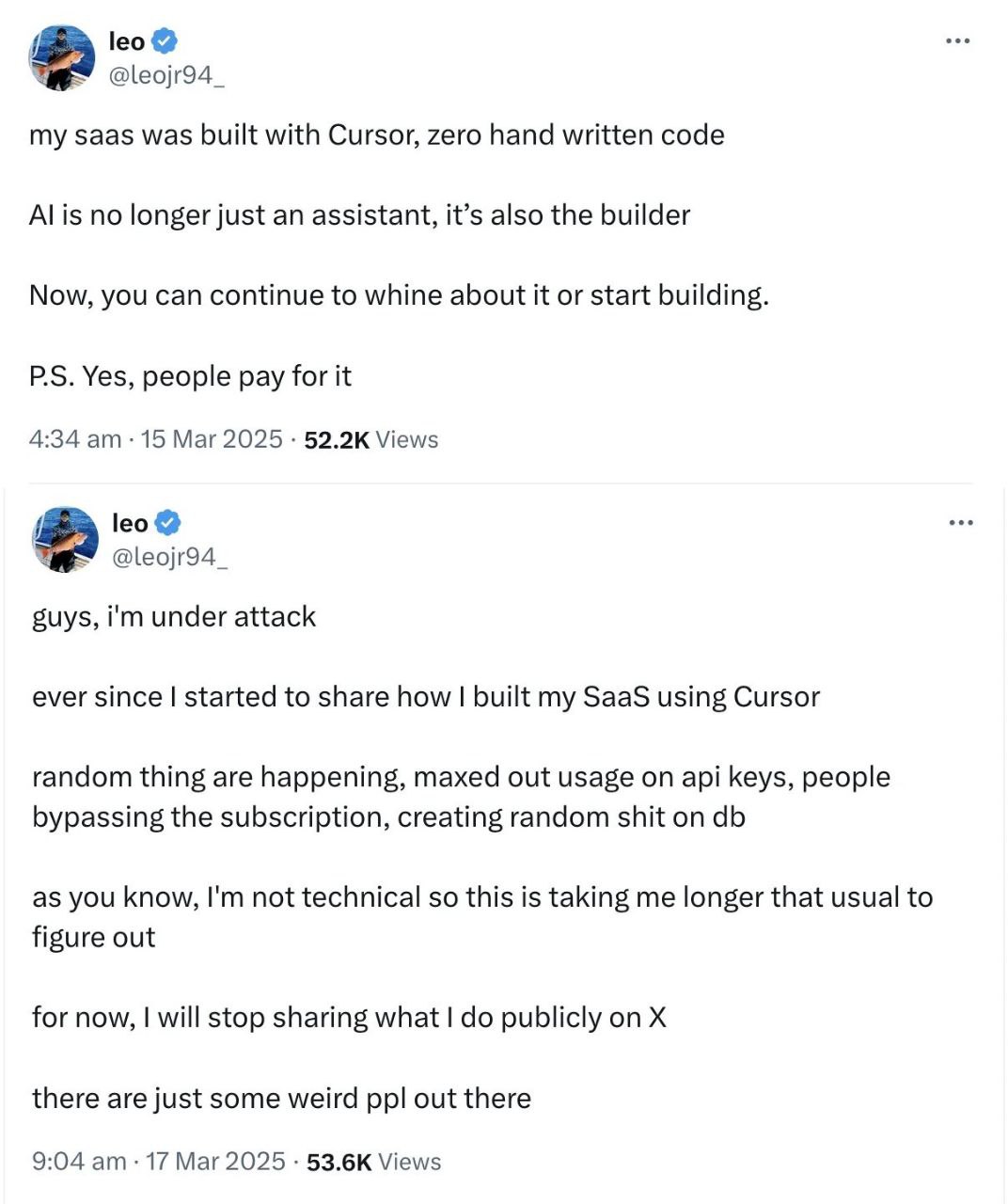 leo@ my saas was built with Cursor, zero hand written code Alis no longer just an assistant, it’s also the builder Now, you can continue to whine about it or start building Yes, people pay for it 4:34