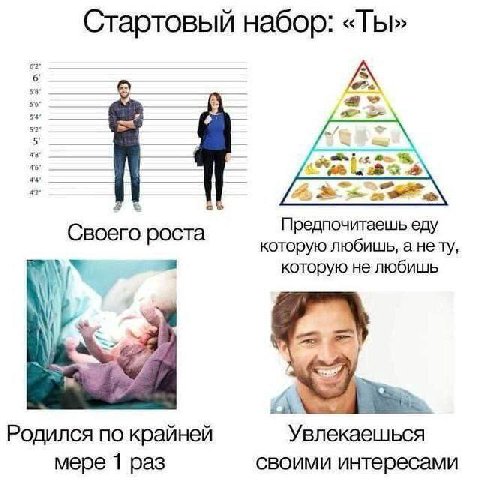 Стартовый набор: «Ты» A 7% Своего роста Предпочитаешь еду которую любишь, а нету, А которую не любишь а А Родился по крайней Увлекаешься мере 1 раз своими интересами