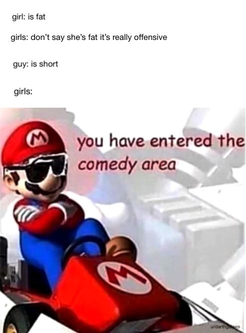 girl: is fat girls: don’t say she’s fat it’s really offensive guy: is short girls: you have entered the I~ comedy area