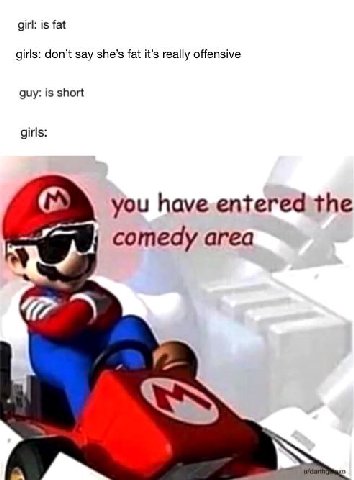 girl: is fat girls: don’t say she’s fat it’s really offensive guy: is short girls: you have entered the I~ comedy area