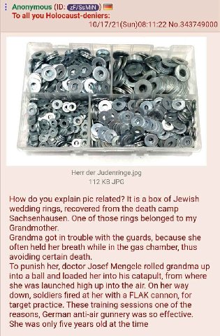 Anonymous То all you Holocaust-deniers 10/17/21(Sun)08:11:22 No.343749000 COG i] 2%. К Bit Herr der Judenringe.jpg 112 JPG How you explain pic related? It is a box of Jewish wedding rings, recovered f