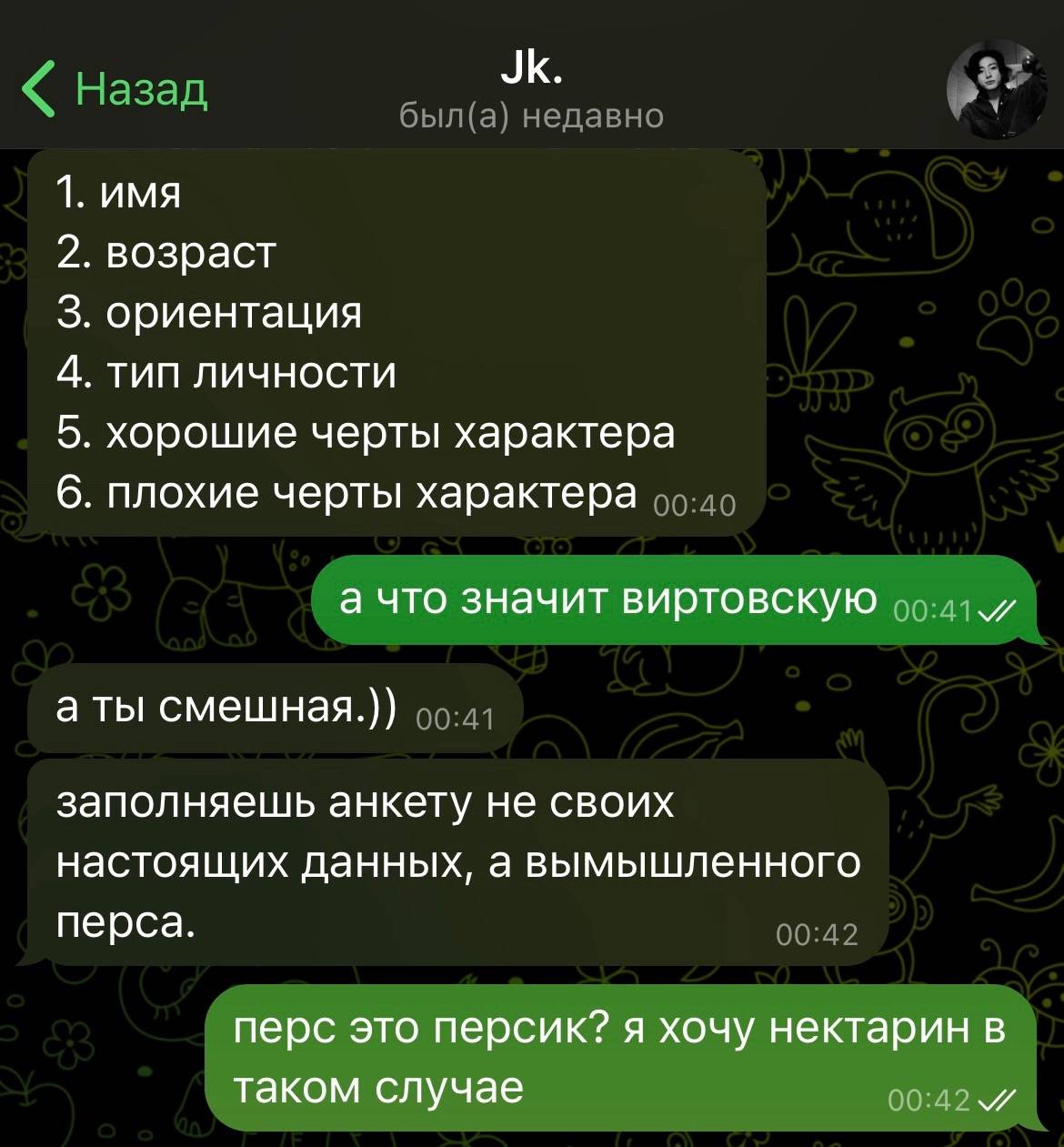 1. имя 2. возраст 3. ориентация 4. тип личности 5. хорошие черты характера 6. плохие черты характера а что значит виртовскую а ты смешная.)) заполняешь анкету не своих настоящих данных, а вымышленного