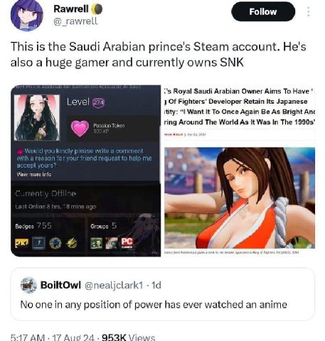 Rawrell @_rawrell This is the Saudi Arabian prince's Steam account. He's also a huge gamer and currently owns SNK 75 Royal Saudi Arabian Owner Aims To Have Level Of Fighters’ Developer Retain Its Japa