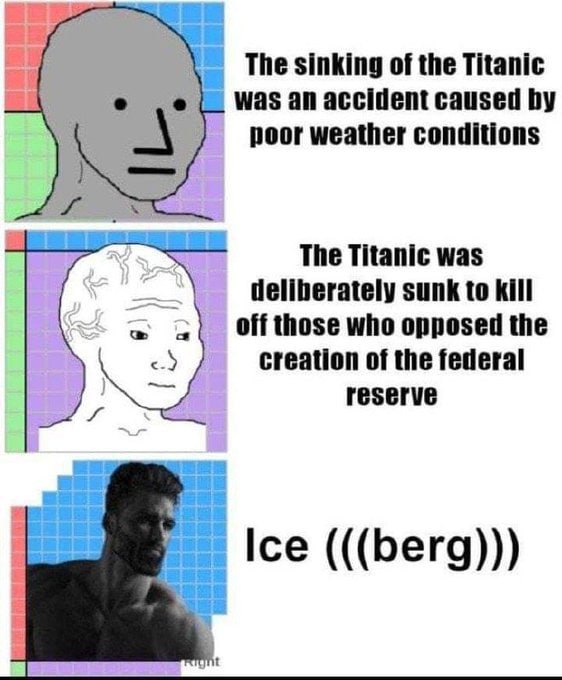 The sinking of the Titanic Was an accident caused poor weather conditions deliberately sunk to kill The Titanic was off those who opposed the creation of the federal reserve Ice (((berg)))