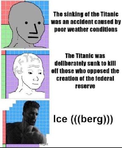 The sinking of the Titanic Was an accident caused poor weather conditions deliberately sunk to kill The Titanic was off those who opposed the creation of the federal reserve Ice (((berg)))