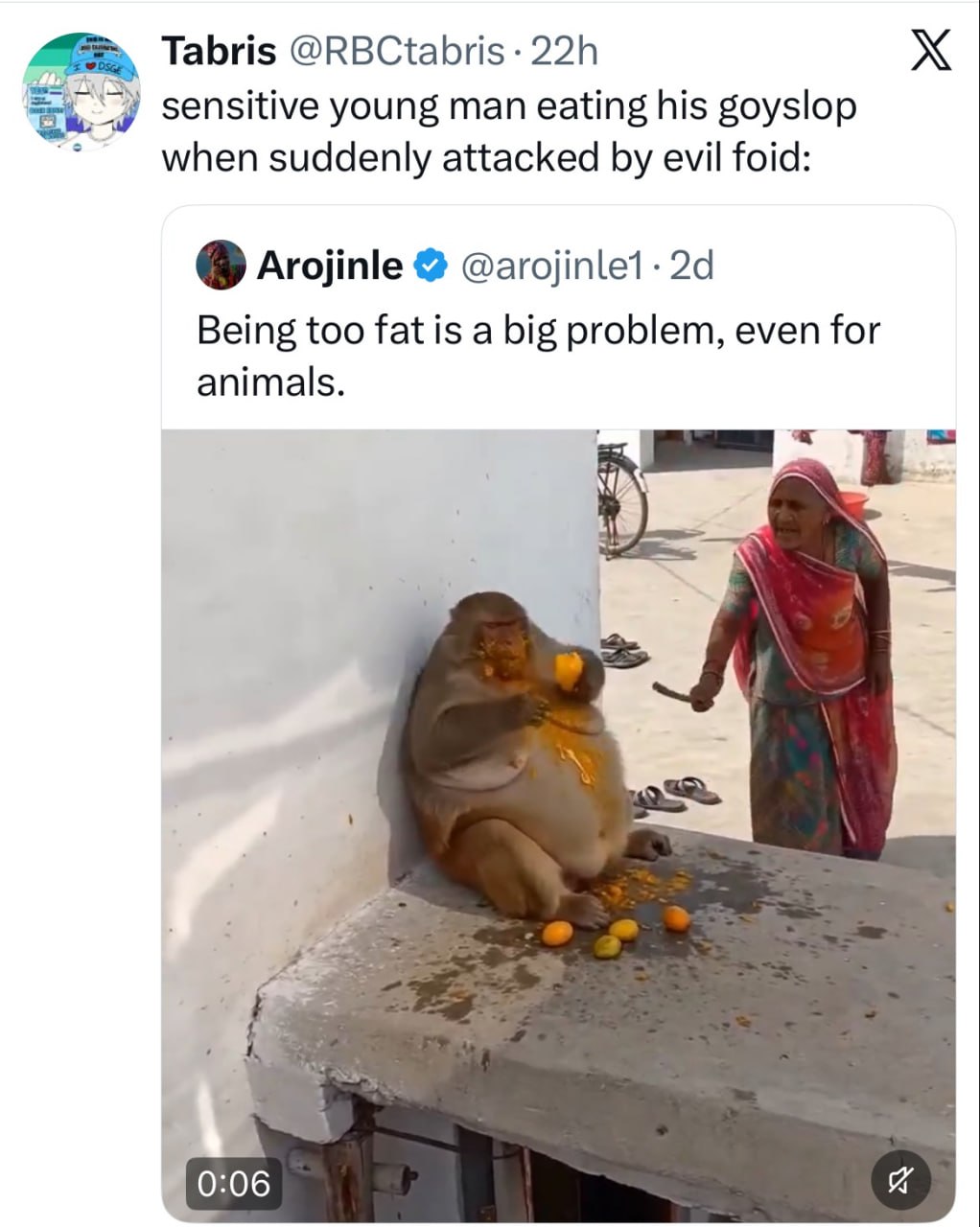 Tabris @RBCtabris sensitive young man eating his goyslop when suddenly attacked evil foid: Arojinle Being too fat is a big problem, even for animals. 3 0:06