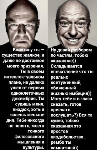 A Воистину ты Ну давай существо жалкое, и по частям, тобою даже не достойное сказанное)) моего призрения. Складывается Ты в своем впечатление что ты интеллектуальном реально плане, не далеко контуженн