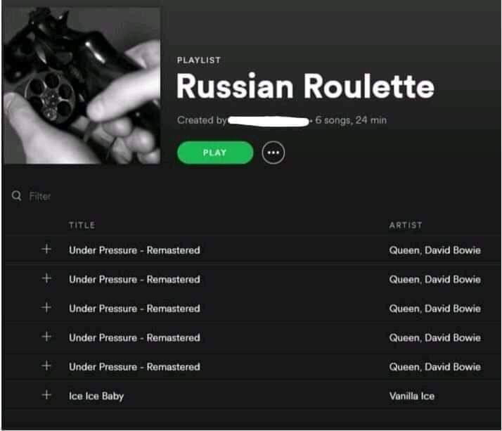 PLAYLIST Russian Roulette Created 6 songs, 24 min а ARTIST Under Pressure Remastered Queen, David Bowie Under Pressure Remastered Queen, David Bowie Under Pressure Remastered Queen, David Bowie Under 