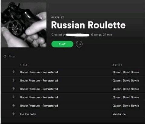 PLAYLIST Russian Roulette Created 6 songs, 24 min а ARTIST Under Pressure Remastered Queen, David Bowie Under Pressure Remastered Queen, David Bowie Under Pressure Remastered Queen, David Bowie Under 