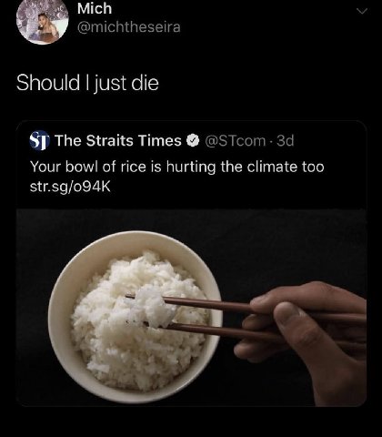 Mich @michtheseira Should just die The Straits Times За Your bowl of rice is hurting the climate too str.sg/o94K