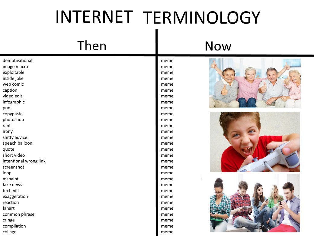 INTERNET TERMINOLOGY Then Now meme demotivational image macro meme exploitable meme inside joke meme web comic meme meme caption video edit meme тете infographic way 7 pun meme copypaste meme photosho