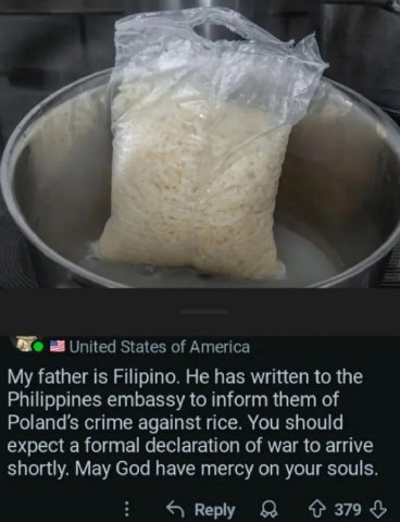 We United States of America My father is Filipino. He has written to the Philippines embassy to inform them of crime against rice. You should expect a formal declaration of war to arrive shortly. May 