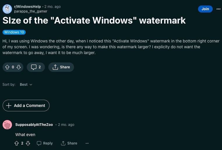 Join ©9 Size of "Activate Windows" watermark Windows 10 usina Wordows other day. wher this a Windows he роцом nart corre of у Sere as as ondering, is there any way to maxe this watermark mot want 1 во