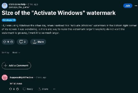 Join ©9 Size of "Activate Windows" watermark Windows 10 usina Wordows other day. wher this a Windows he роцом nart corre of у Sere as as ondering, is there any way to maxe this watermark mot want 1 во