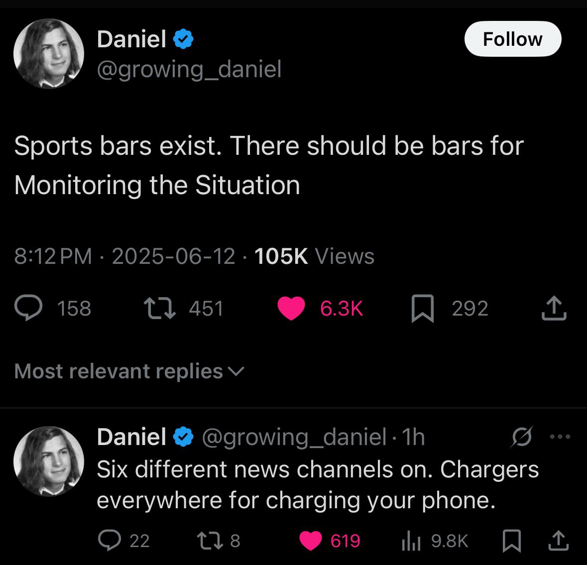 Daniel Роном Sports bars exist. There should be bars for Monitoring the Situation Daniel Six different news channels Chargers everywhere for charging your phone.