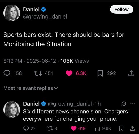 Daniel Роном Sports bars exist. There should be bars for Monitoring the Situation Daniel Six different news channels Chargers everywhere for charging your phone.