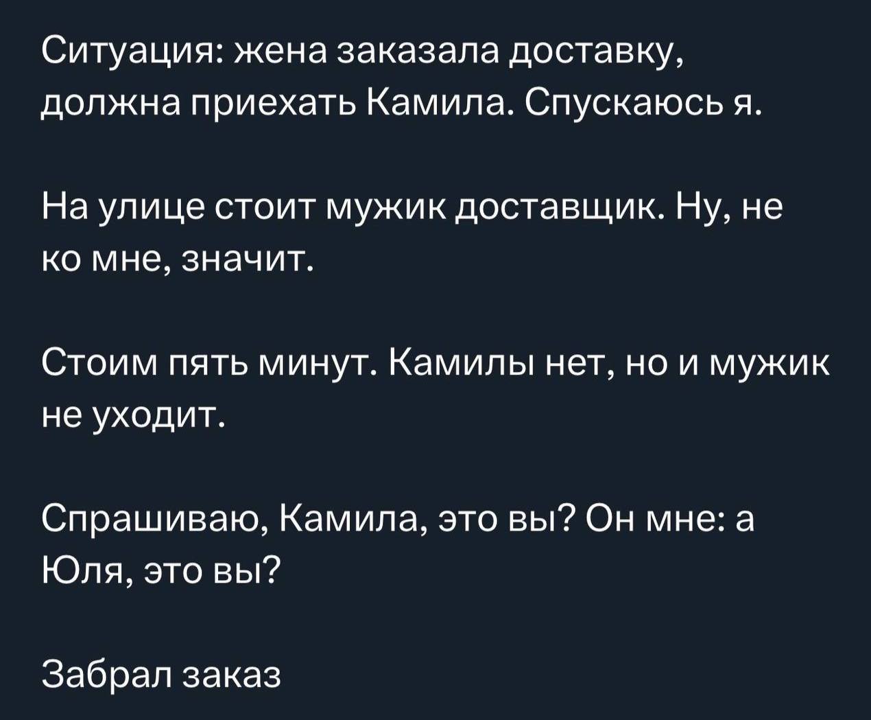 Ситуация: жена заказала доставку, должна приехать Камила. Спускаюсь я. На улице стоит мужик доставщик. Ну, не мне, значит. Стоим пять минут. Камилы нет, но и мужик не уходит. Спрашиваю, Камила, это вы