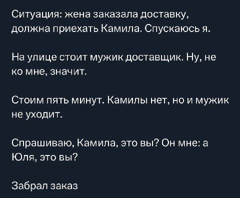 Ситуация: жена заказала доставку, должна приехать Камила. Спускаюсь я. На улице стоит мужик доставщик. Ну, не мне, значит. Стоим пять минут. Камилы нет, но и мужик не уходит. Спрашиваю, Камила, это вы