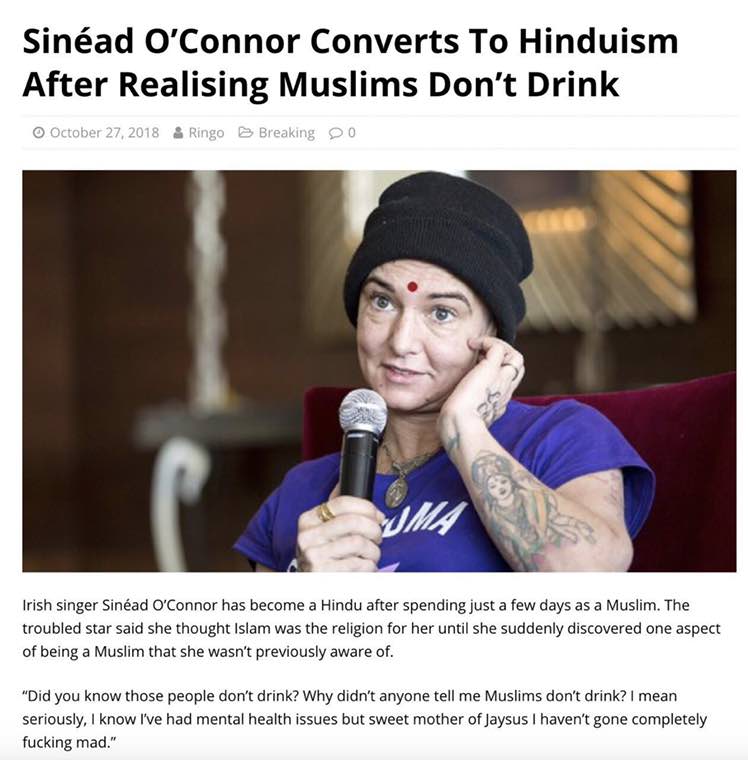 Sinéad О’Соппог Converts To Hinduism After Realising Muslims Don’t Drink 6 4 А Irish singer Sinéad О’Соппог has become a Hindu after spending just а few days as a Muslim. The troubled star said she th
