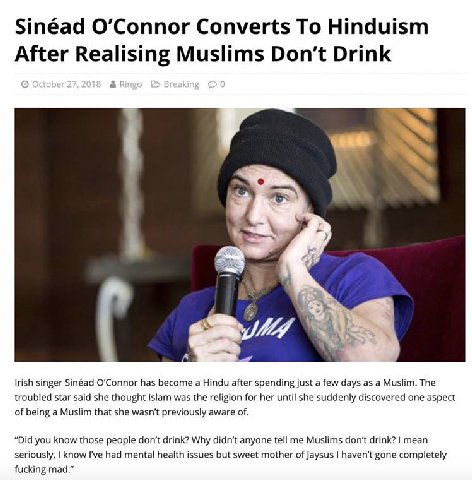 Sinéad О’Соппог Converts To Hinduism After Realising Muslims Don’t Drink 6 4 А Irish singer Sinéad О’Соппог has become a Hindu after spending just а few days as a Muslim. The troubled star said she th