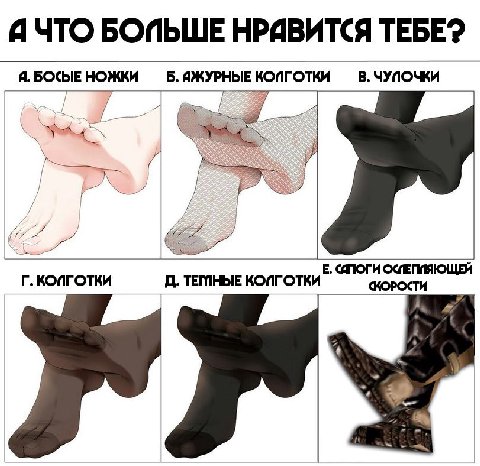 БОПЬШЕ НРИВИТСЯ ТЕБЕ? Я. БОСЫЕ НОЖКИ Б. ЯЖУРНЫЕ КОПГОТКИ В. ЧУПОЧКИ 4 КОПГОТКИ ТЕМНЫЕ КОПГОТКИ