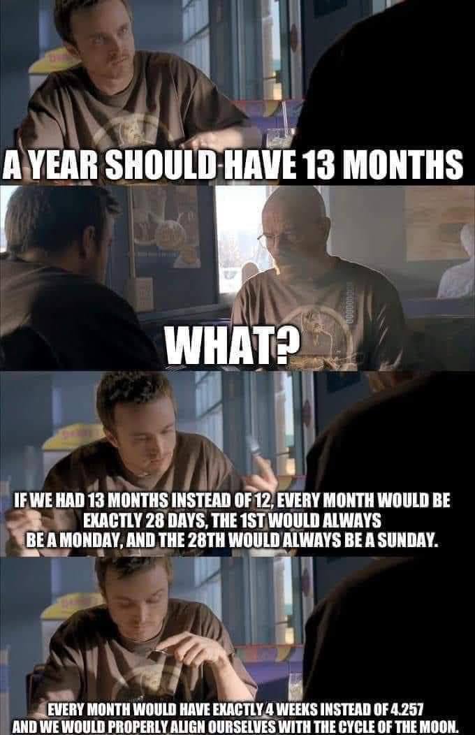АУЕАВ SHOULD-HAVE 13 MONTHS К 4 IF WE HAD 13 MONTHS INSTEAD OF 12, EVERY MONTH WOULD BE EXACTLY 28 DAYS, THE WOULD ALWAYS ‘BE A MONDAY, AND THE WOULD ALWAYS BE A SUNDAY. 4 aN EWERY MONTH WOULD НАМЕ 4 