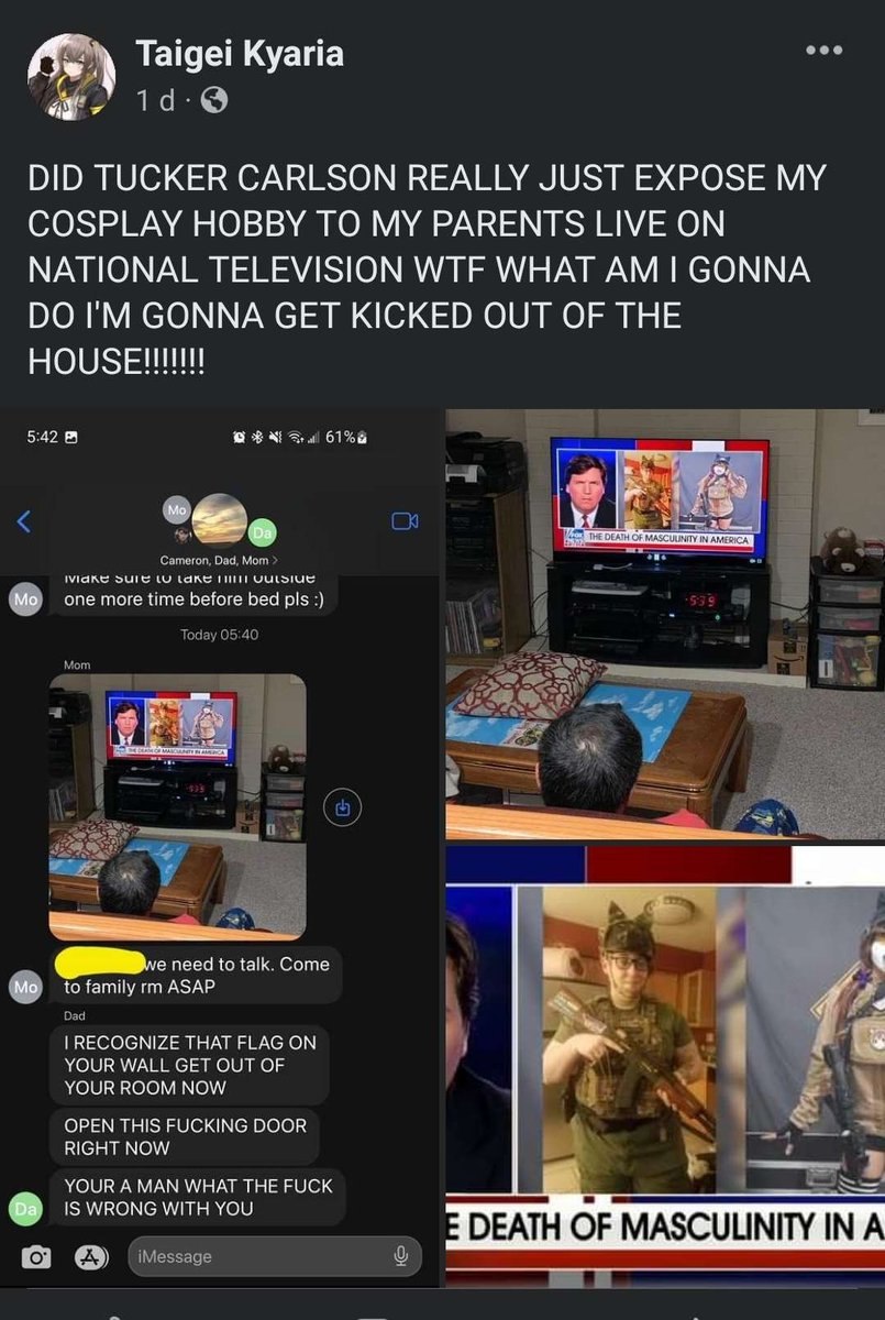 Taigei Kyaria DID TUCKER CARLSON REALLY JUST EXPOSE COSPLAY HOBBY TO MY PARENTS LIVE ON NATIONAL TELEVISION WTF WHAT |1 GONNA GONNA GET KICKED OUT OF THE 5:42 опе more time before bed 7 need to talk. 