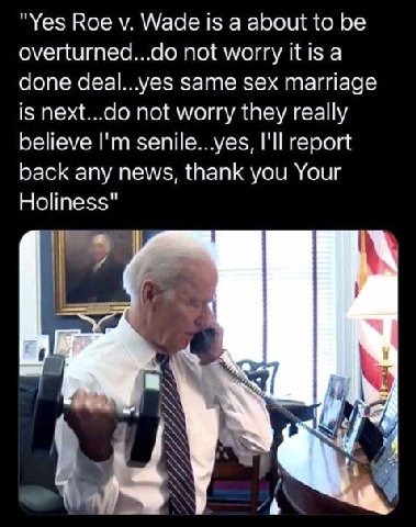"Yes Кое у. Wade is а about to be overturned...do not worry itis а done Same sex marriage is next...do not worry they really believe senile...yes, I'll report back any news, thank you Your Holiness" 4