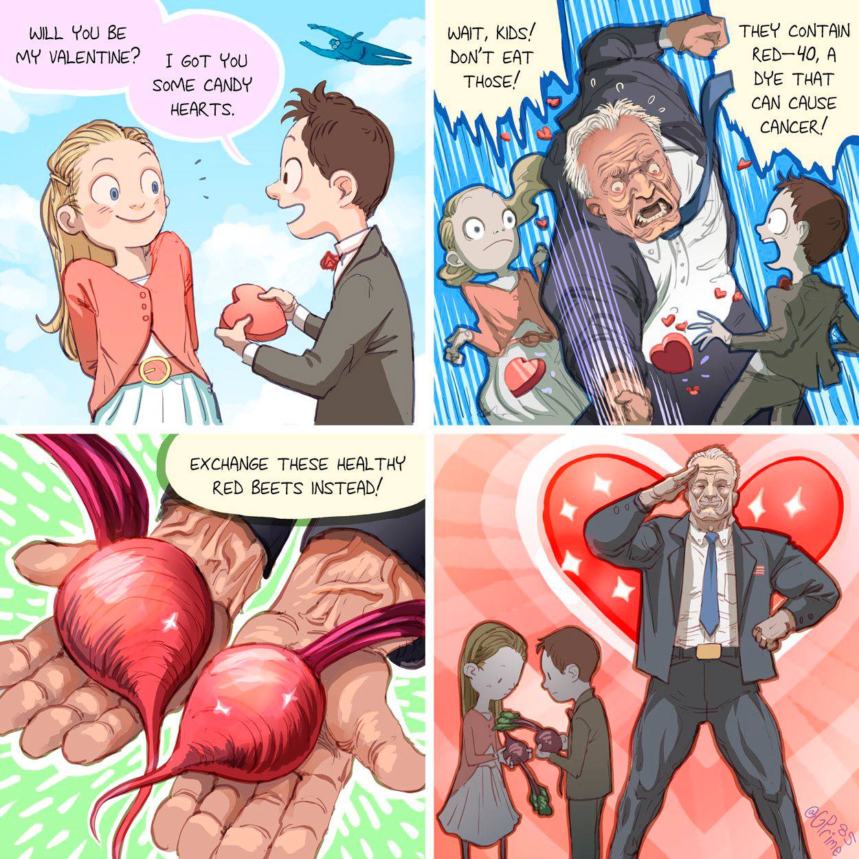 WILL YoU WAIT, THEY CoNTAIN MY VALENTINE? GoT YoU EAT А Some CANDY THose/ DYE THAT HEARTS, CAN CAUSE САМСЕК/ 9 EXCHANGE THESE HEALTHY RED BEETS INSTEAD/