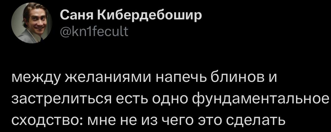 Саня Кибердебошир между желаниями напечь блинов и застрелиться есть одно фундаментальное сходство: мне не из чего это сделать
