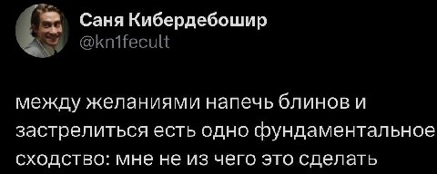 Саня Кибердебошир между желаниями напечь блинов и застрелиться есть одно фундаментальное сходство: мне не из чего это сделать