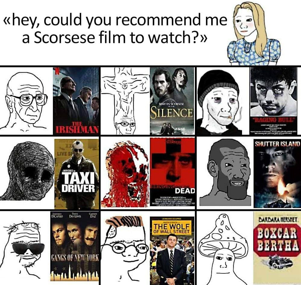 «hey, could you recommend a Scorsese film to watch?» Я We 1 SILENCE SHUTTER ISLAND DRIVER DEAD we. BERTHA CANGS OF NEW YORK
