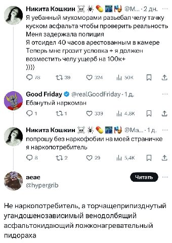 Никита Кошкин Я уебанный мухоморами разьебал челу тачку A куском асфальта чтобы проверить реальность Меня задержала полиция Я отсидел 40 часов арестованным в камере Теперь мне грозит условка я должен 