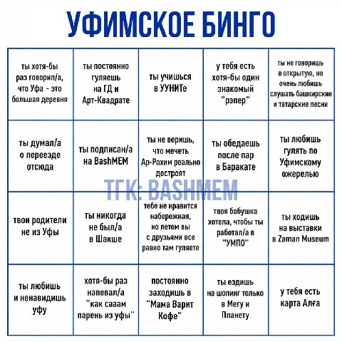 УФИМСКОЕ БИНГО ты не говоришь ты хотя-бы ты постоянно у тебя есть раз говорил/а, гуляешь ты учишься хотя-бы один в открытую, но очень любишь что Уфа это на ГДи в УУНИТе знакомый слушать башкирские бол
